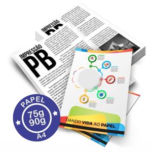 Impressão Papel Offset Jato de Tinta Papel Offset 75g ou 90g A4 Colorido ou preto e branco Impressão em tinta pigmentada Corte Reto 